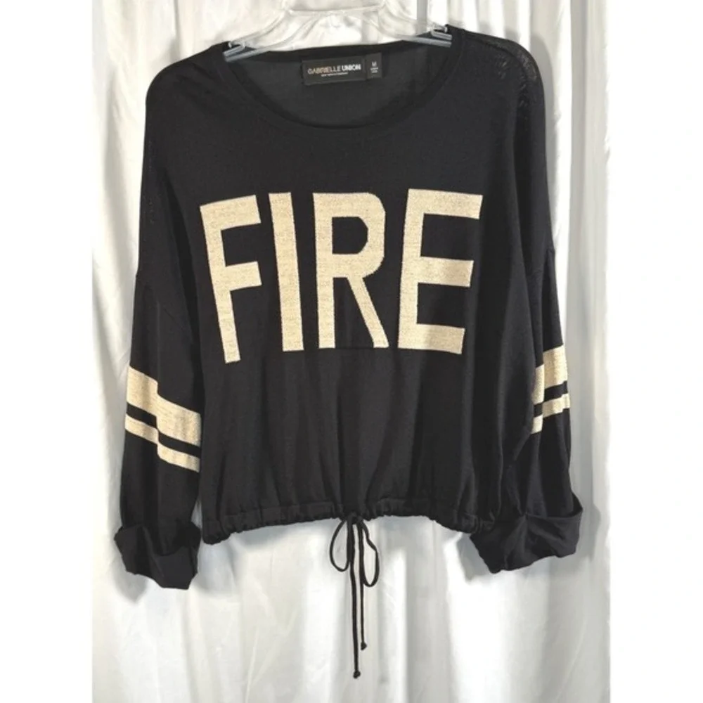 Gabrielle Union New York Co Black‎ FIRE Graphic Crop Top Sweater M Chic 84-39